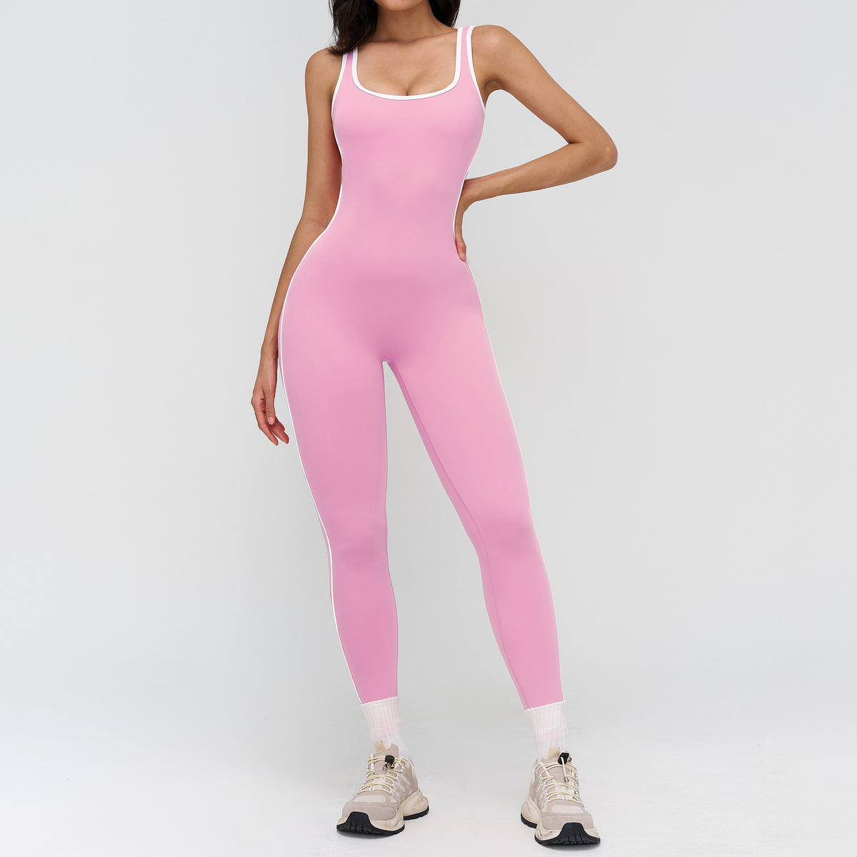 Women’s Barefeel Contrast-Trim Deep V Back Bodysuit Jumpsuit view 3
