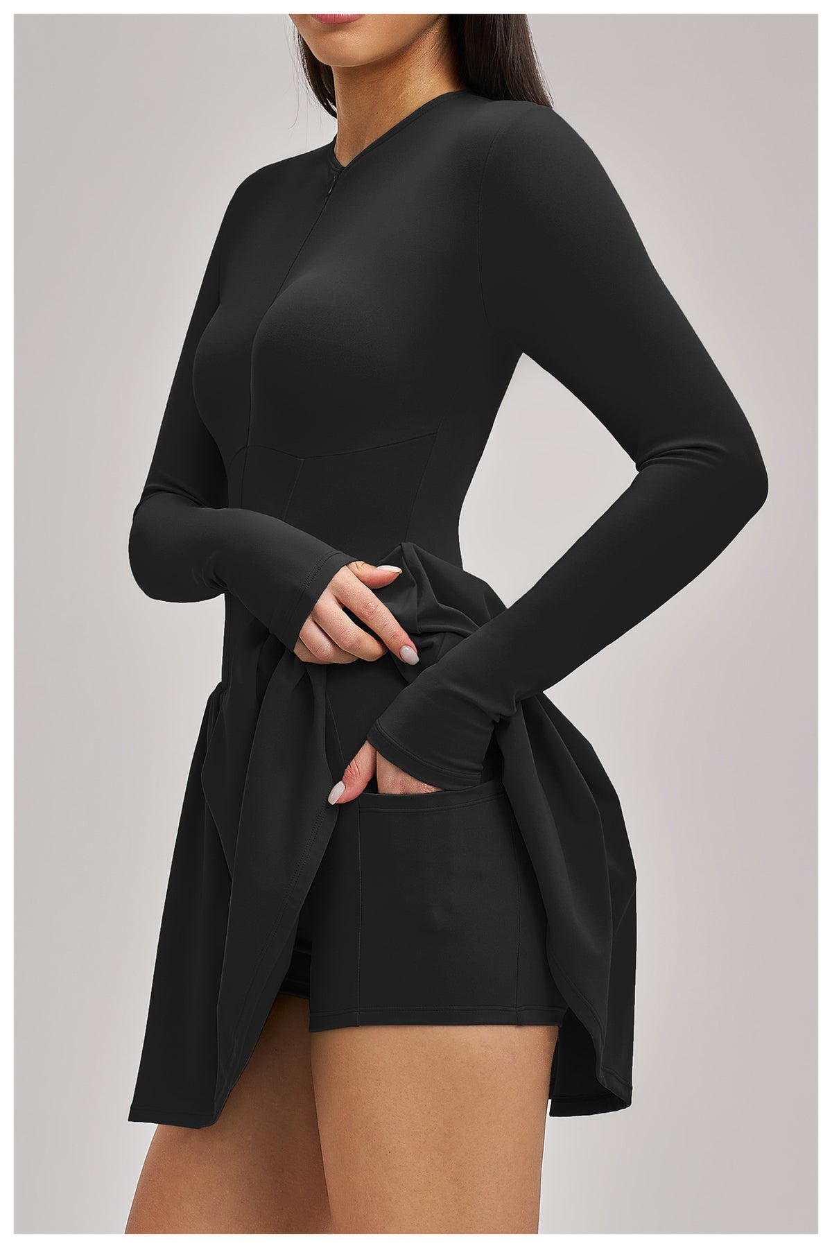 Women’s Mock Two-Piece Long Sleeve Tennis Dress with Built-In Shorts and Pocket view 5